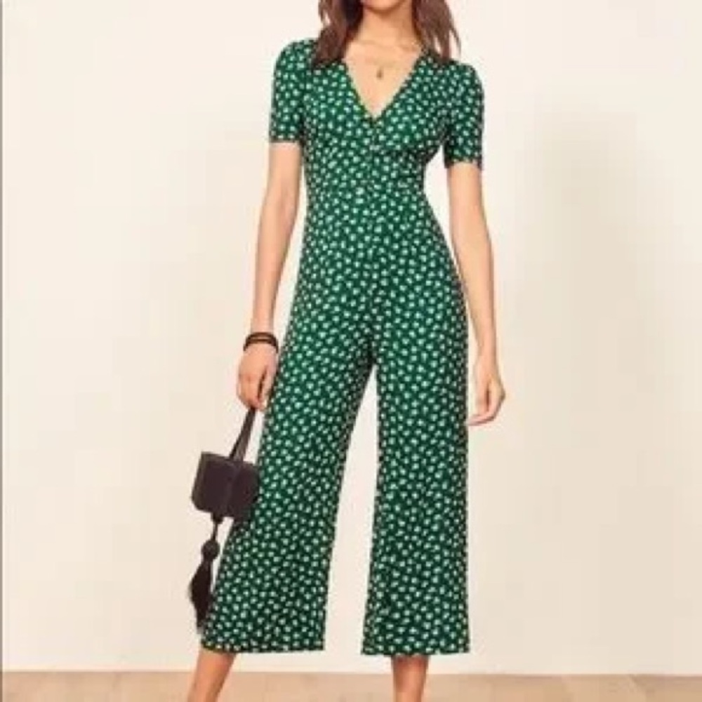 Reformation France Green white floral daisy dressy short sleeve jumpsuit